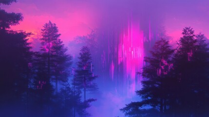 Cyber forest wallpaper with pixelation creeping into trees and glitch lines dissolving into neon haze