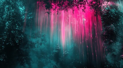 Obraz premium Cyber nature wallpaper with glitchy tree silhouettes and neon pink and teal streaks flowing through bark
