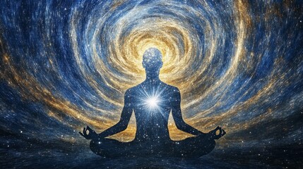 Meditating Man Against Swirling Galaxy Background