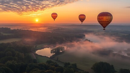 Hot air balloons float over misty landscape at sunrise during a scenic adventure
