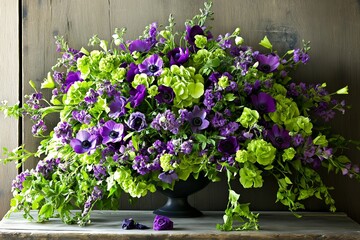 Fototapeta premium Vibrant bouquet with anemones and greenery arranged in black vase, showcasing rich purple and green tones. Concept features bouquet with anemones and greenery, perfect for celebrations