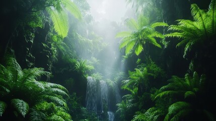 Obraz premium Prehistoric jungle backdrop with deep canyon and waterfalls glowing spores floating in the air with thick mist around the trees