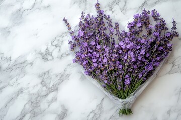 Beautiful lavender bouquet arranged in a heart shape on a marble surface for decoration or gifting