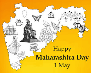 Celebrate Maharashtra Day (May 1st) with this vibrant illustration!  A stylized map of Maharashtra bursts with iconic symbols, showcasing the state's rich culture, heritage and biodiversity.