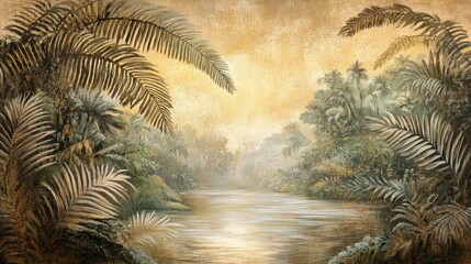 Dinosaur-era landscape with colossal ferns and misty river under soft golden light casting dreamy shadows
