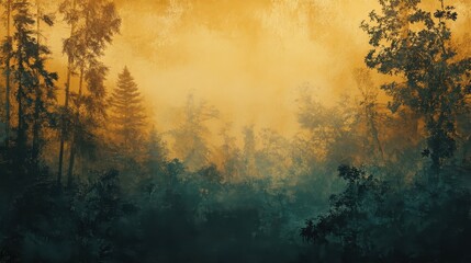 Naklejka premium Prehistoric jungle backdrop with blurred silhouettes of towering conifers blending into soft golden and emerald tones in misty layers