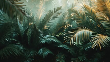 Prehistoric jungle wallpaper with towering cycads and golden light rolling through the misty pathways