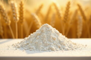 Golden Wheat Field Backdrop Showcases a Mound of Fine White Flour for Baking