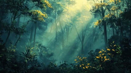 Obraz premium Dreamlike prehistoric jungle wallpaper with sunlight breaking through misty trees and glowing hand-painted leaves