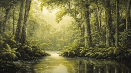 Obraz premium Mystical ancient jungle wallpaper with green ferns stretching over a misty river and golden light illuminating towering trees