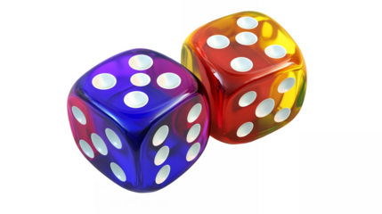A pair of colorful dice positioned slightly askew and ready to roll isolated on a transparent background