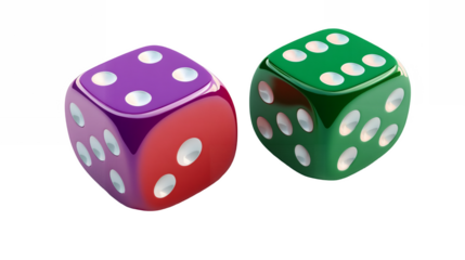 A pair of colorful dice positioned slightly askew and ready to roll isolated on a transparent background