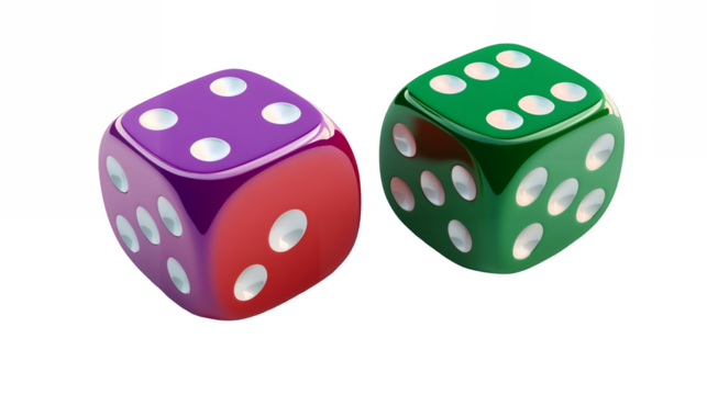 A pair of colorful dice positioned slightly askew and ready to roll isolated on a transparent background