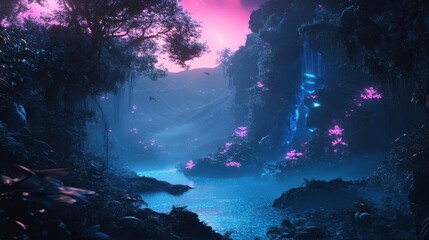 Obraz premium Elegant ecosystem backdrop with neon blue and pink glows accentuating bioluminescent trees digital mist in the air