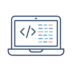 International Youth Day Laptop with coding screen in blue and white outline icon