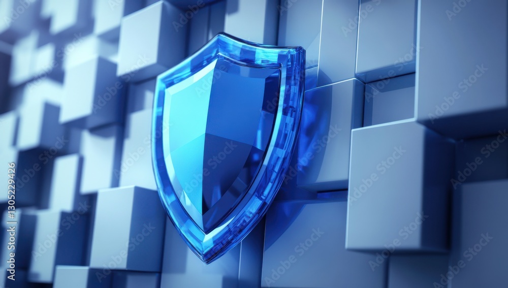Poster 3d render of a glossy blue shield emblem on a background of abstract geometric cubes reflecting secu