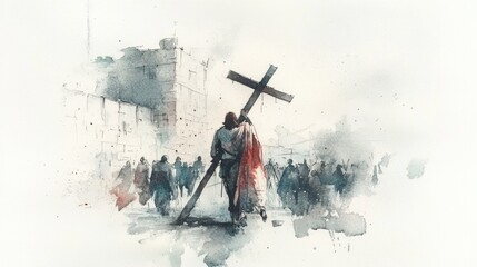 Obraz premium Biblical depiction of Jesus' journey to Golgotha. 