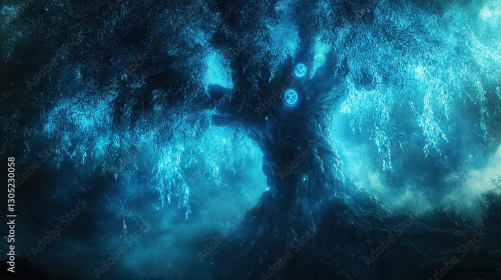 Wall mural abstract tree background with glowing runes luminescent vines and glowing mist