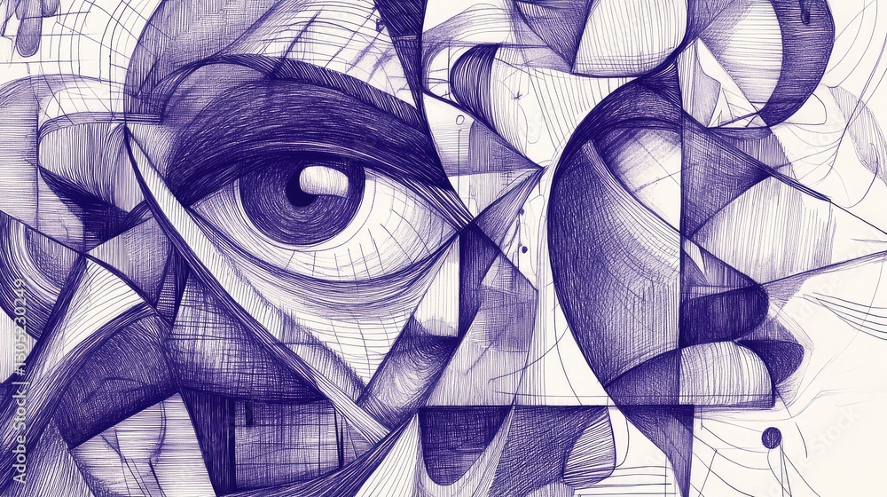 Poster abstract line art featuring a detailed eye design amid fragmented geometric shapes and soft curves, 