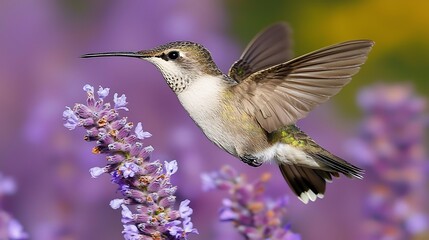 Fototapeta premium Hummingbird in Flight near Lavender