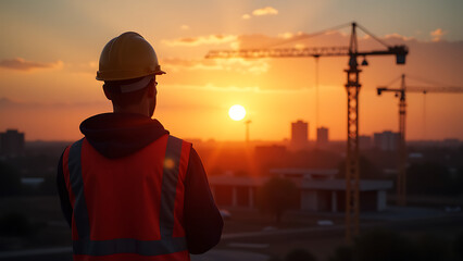 construction workers end day watching sun set building site