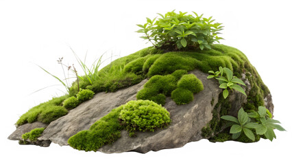 a lush green moss patch with rock isolated on pure white background