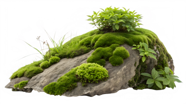 a lush green moss patch with rock isolated on pure white background