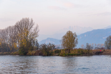 views of the Adda river during a sunny autumnal day, Trezzo d'adda, Bergamo, Lombardy