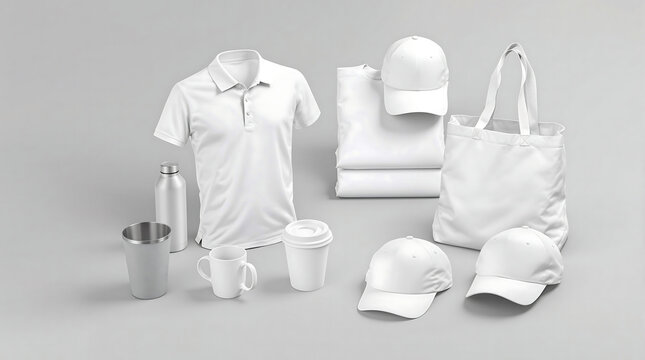 White Promotional Products Mockup: Polo Shirt, Tote Bag, Hats, Mug, Water Bottle & Cup - Blank Merchandise for Branding & Design Templates