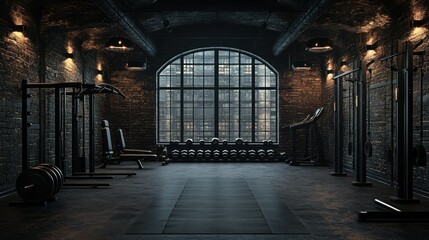 Industrial gym interior with large window