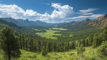 Fototapeta premium Majestic mountain vista: A breathtaking panoramic view of a verdant valley nestled among towering peaks under a vibrant blue sky.