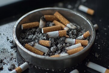 Cigarette butts and ashes collected in a round metal ashtray on a dark surface