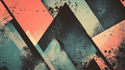 Retro-futuristic backdrop with angular shapes halftone textures and distressed lithographic print effect