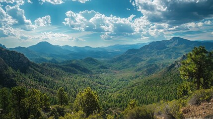 Fototapeta premium Vast mountain range viewed from a high vantage point. Lush green forests cover the rolling hills under a partly cloudy sky. A breathtaking panorama of nature's beauty.