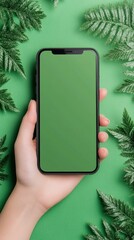 Smart Tech Amidst Nature's Embrace: A modern smartphone with a vibrant green screen held gently in a hand framed by lush green foliage, creating a harmonious blend of technology and nature.