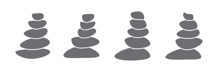 Meditation stone balance pyramid set vector illustration. Stacked pebbles black grey colors object collection isolated on white background