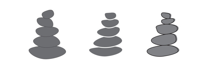 Meditation stone balance pyramid set vector illustration. Stacked pebbles black grey colors object collection isolated on white background