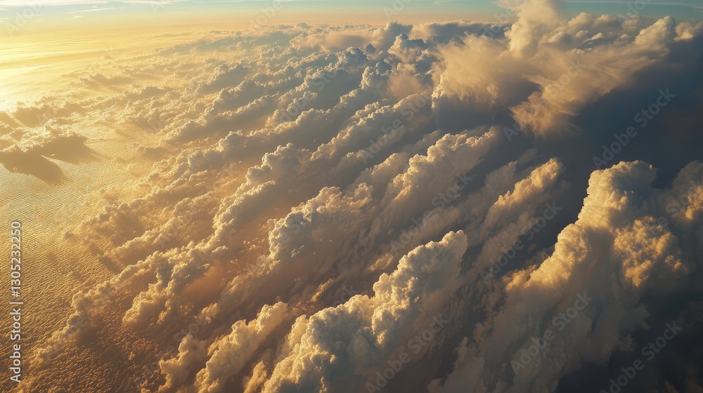 Poster a stunning aerial view of golden clouds at sunset above a calm ocean with dynamic patterns and textu