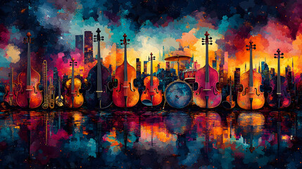 Colorful NYC skyline musical instruments reflection