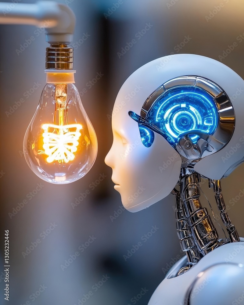 Poster futuristic robot with glowing brain holding light bulb in modern technology setting