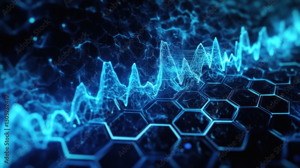 Poster abstract digital waveform on hexagonal grid background, data visualization, possible use in technolo
