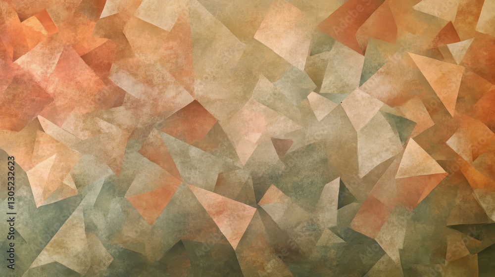 Wall mural backdrop of irregular polygons grainy halftone shading in rust ochre and faded green tones