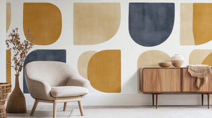 Wallpaper inspired by mid-century Scandinavian design with simple organic shapes and vintage hues