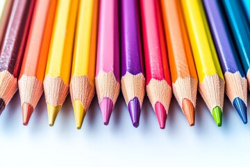 Colorful arrangement of sharpened colored pencils on a white surface showcasing creative potential and artistic expression