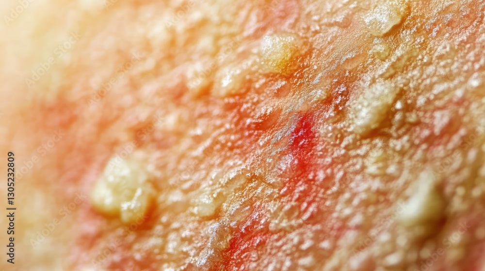 Aufkleber close-up view of skin texture with red and yellow tones, showing detailed surface patterns and irreg