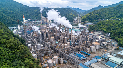 Obraz premium Industrial activity at chemical plant mountain region aerial view manufacturing environment environmental impact