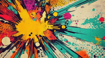 Comic-style explosion bursts with ink splatters and primary color halftone textures in a vintage effect