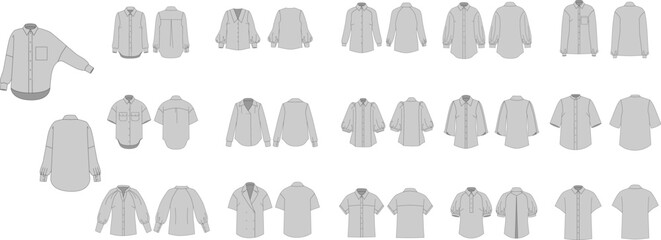 A large set of technical illustrations of women's shirts. Formal wear. Flat sketch, front and back views. Vector illustration, template. CAD layout.