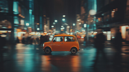 A vintage orange car speeding through a bustling city at night, surrounded by neon lights.
