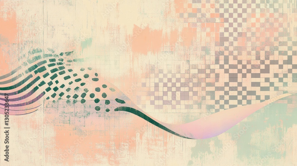 Wall mural abstract checkered grid disintegrating into curves pastel tones and halftone textures